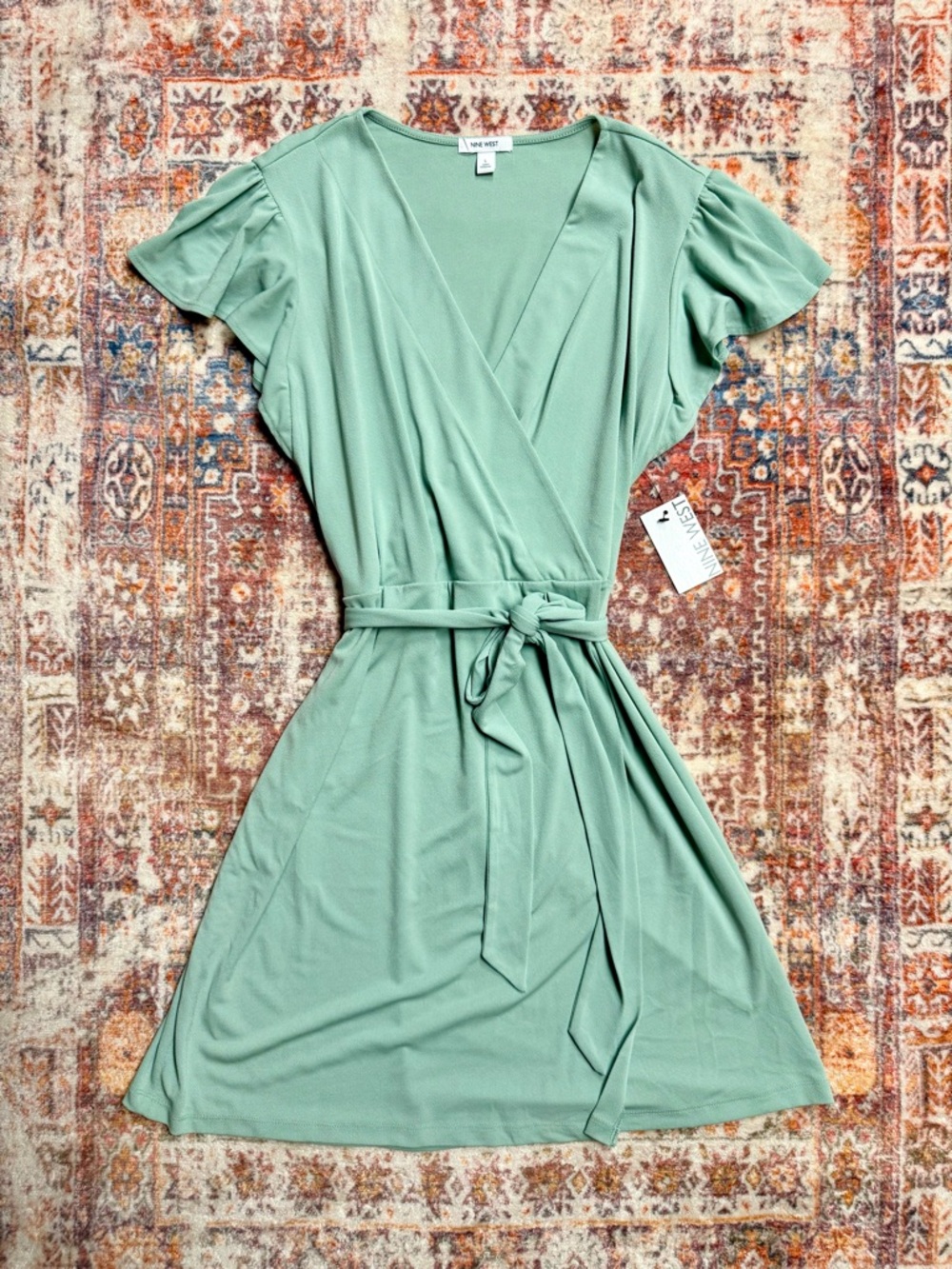 Nine West Wrap Dress Mint Green Flutter Sleeve Tie Waist NWT L